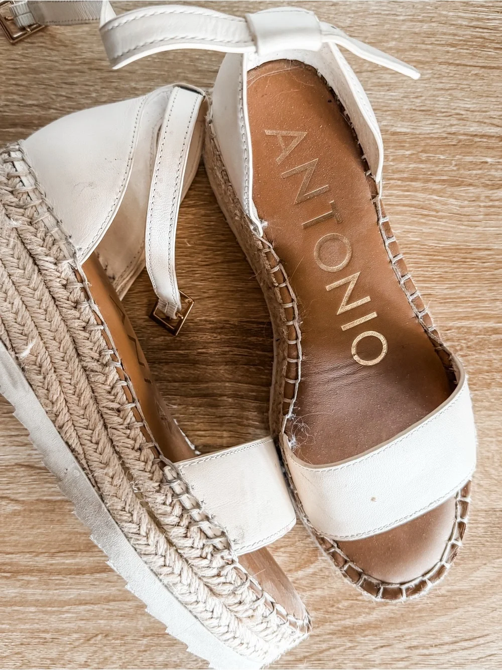 ANTONIO MELANI Cream and Tan Espadrille Wedge Sandals